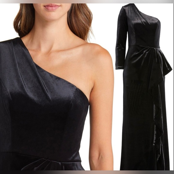 Amsale One-Shoulder Single Long Sleeve Velvet Gown in Black Size 4 NWT - Picture 3 of 11